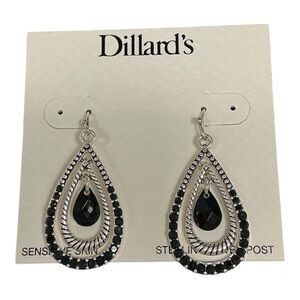 Dillard’s Double Open Loop Jet Black Faceted Crystal Silver Tone Earrings